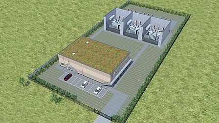 Tekening van een gebouw met elektrische installatie in een groene omgeving.