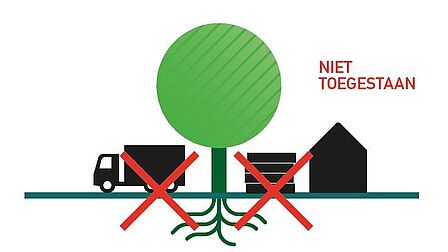 Niet toegestaan opslag, parkeren en transport binnen de kwetsbare boomzone.